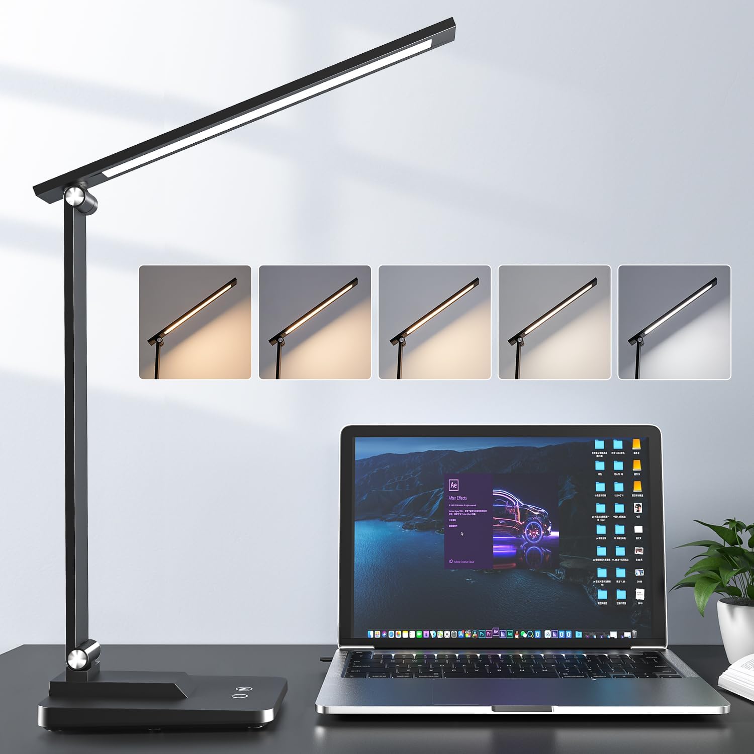 Lámpara de mesa LED One Fire, lámpara de escritorio para niños, lámpara de luz diurna de 500 lúmenes, 15 modos, protección ocular, color negro, artículos de oficina.
