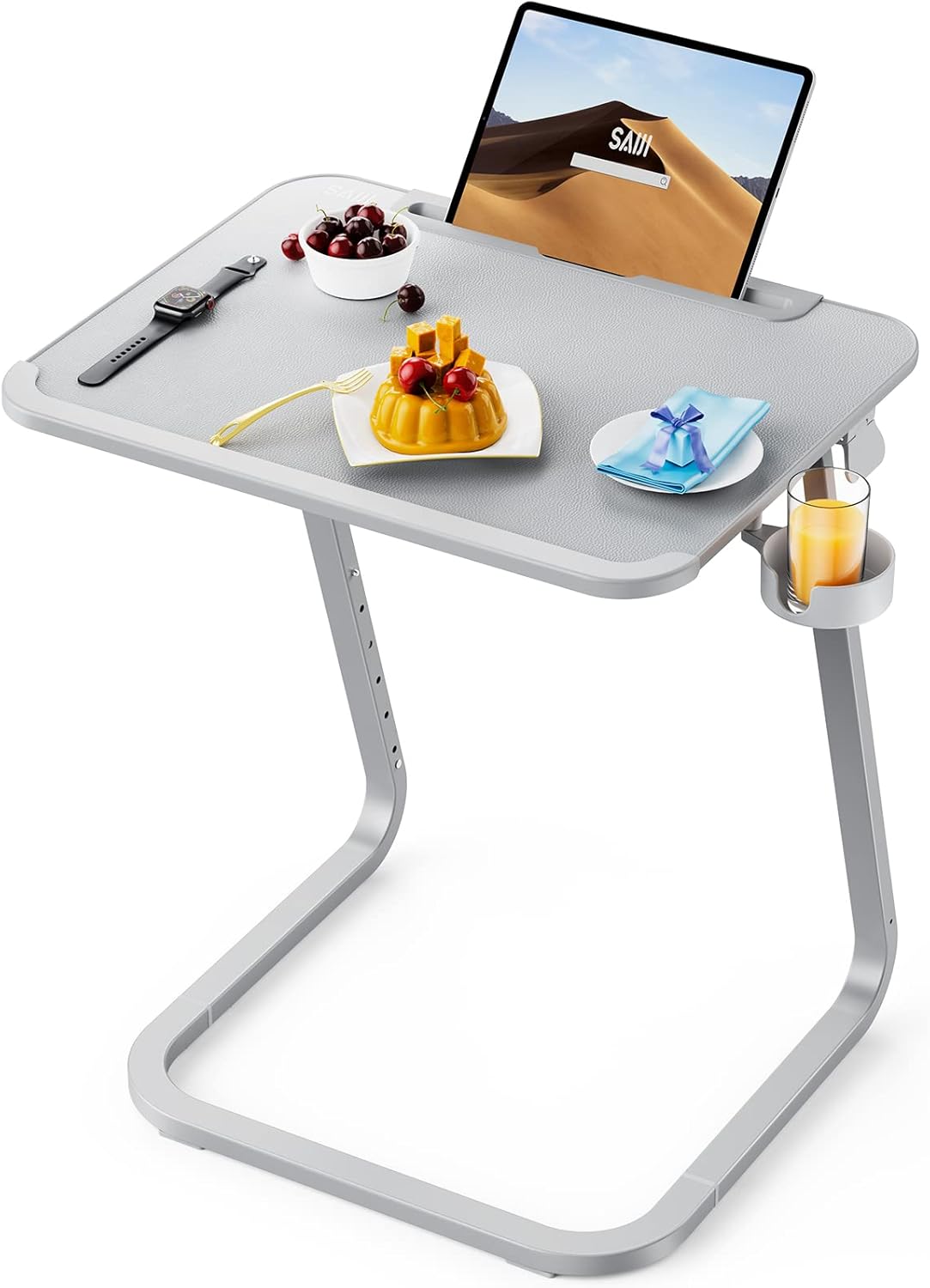 Mesita auxiliar SAIJI, bandeja de cama/mesa para regazo de doble uso, mesa de centro, mesa auxiliar estable en forma de C, mesa para sala de estar, altura y ángulo ajustables, con ranura para tablet y portavasos, 55 x 39 cm