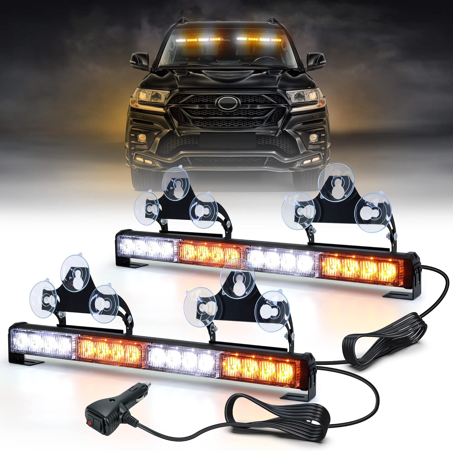 Dinfu Paquete de 2 luces de advertencia LED intermitentes de 43 cm, baliza naranja + blanca, luces de seguridad estroboscópicas de 26 modos con 32 LED para vehículos de construcción, camiones, tractores y techos.