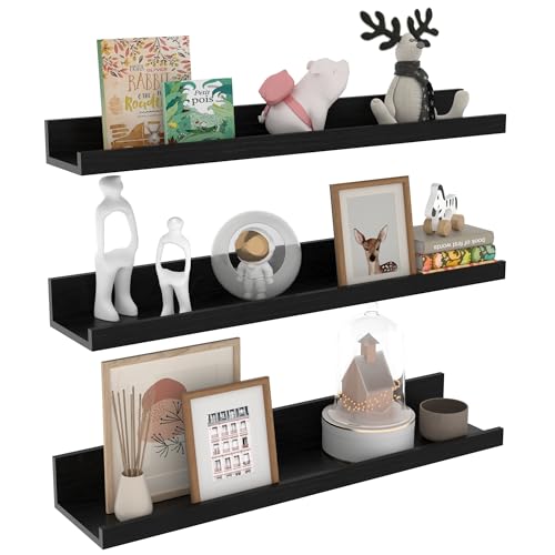 Estante de pared EXYGLO de 60 cm, estante flotante para cuadros para sala de estar, cocina, habitación infantil, dormitorio u oficina, juego de 3 estantes de pared de diferentes tamaños (negro)
