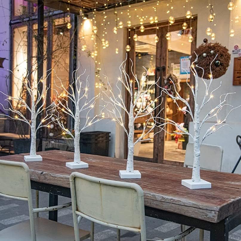 DELICHTER Juego de 4 ramas de árbol de luz para interiores, 24 LED de color blanco cálido, ramas decorativas de abedul, funciona con pilas, decoración navideña para el hogar, fiesta, cumpleaños, boda,