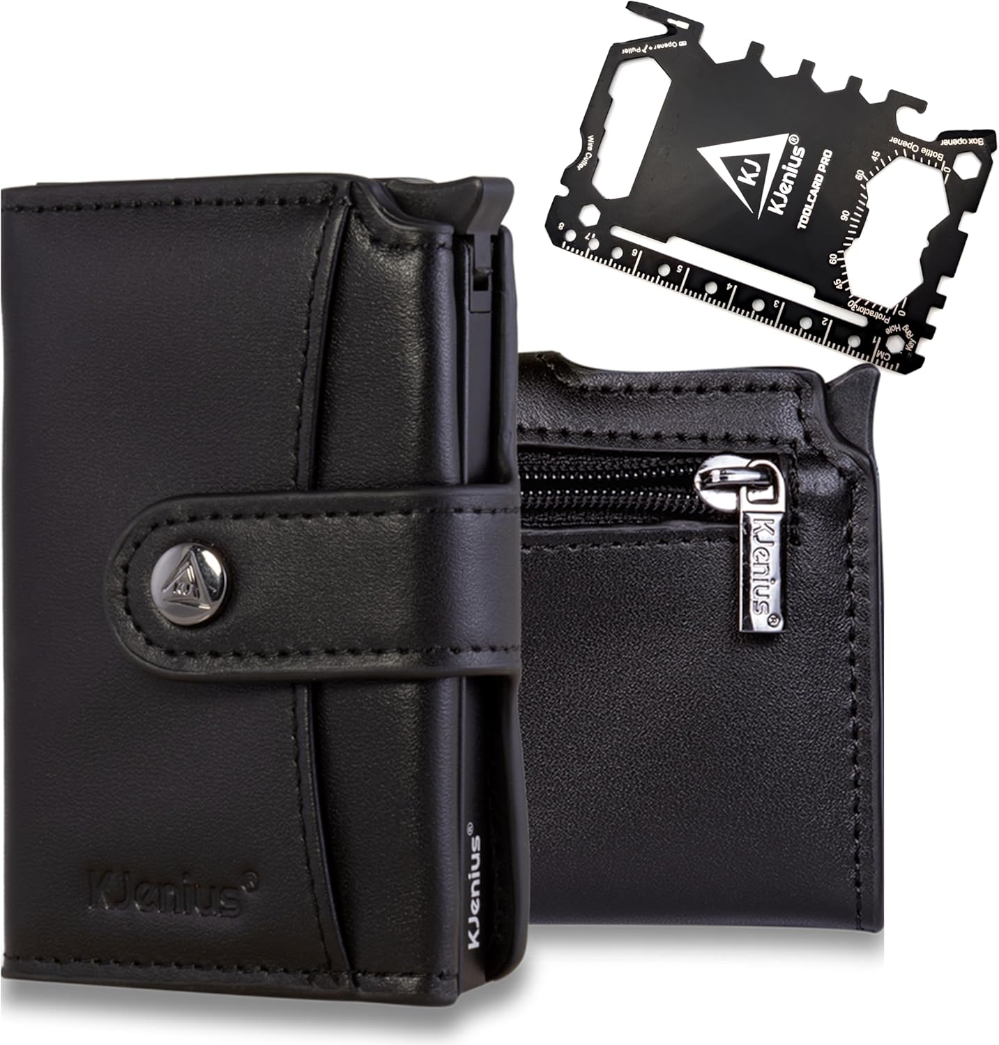 KJenius Dante | Carteras Pequeña Tarjeteros para Hombre con Monedero + EDC Multitool Card Pro 46 en 1 | Billetera Minimalista Porta Tarjetas de Crédito con Protección RFID | Elegante Caja de Regalo