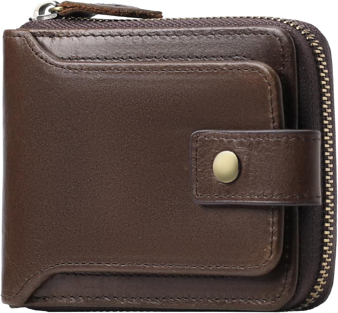 FALAN MULE Cartera pequeña de piel auténtica para hombre con protección RFID, 12 tarjeteros, 2 compartimentos para billetes, 1 compartimento para monedas con cremallera