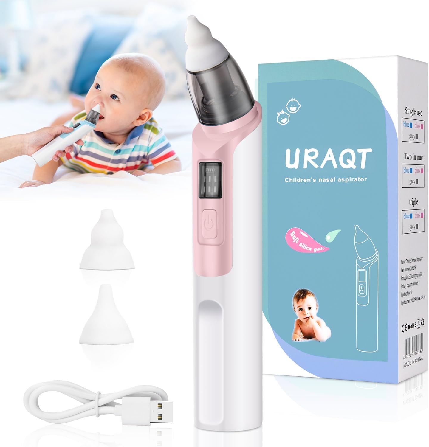 URAQT Aspirador Nasal Bebés, Limpiador de Nariz Portátil con Ajuste de 6 Velocidades, Aspirador Nasal Eléctrico Segura USB con 2 Puntas de Silicona Reutilizables para Recién Nacidos Bebés y Niños Rosa