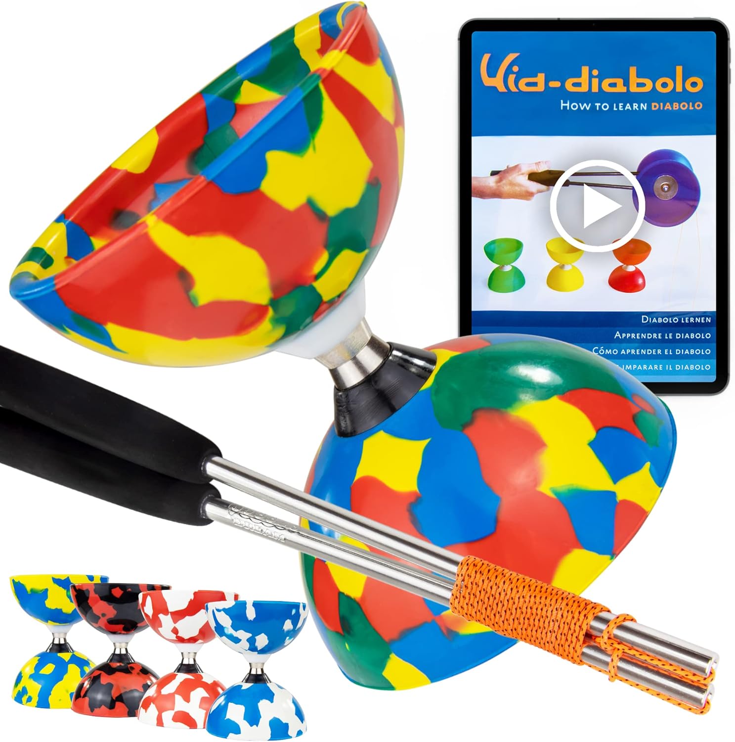 Juggle Dream Jester Diábolo Set para Malabares - Diábolo con Eje de Rodamientos con Palos de Aluminio y Vídeo de Aprendizaje en Línea (Multicolor)