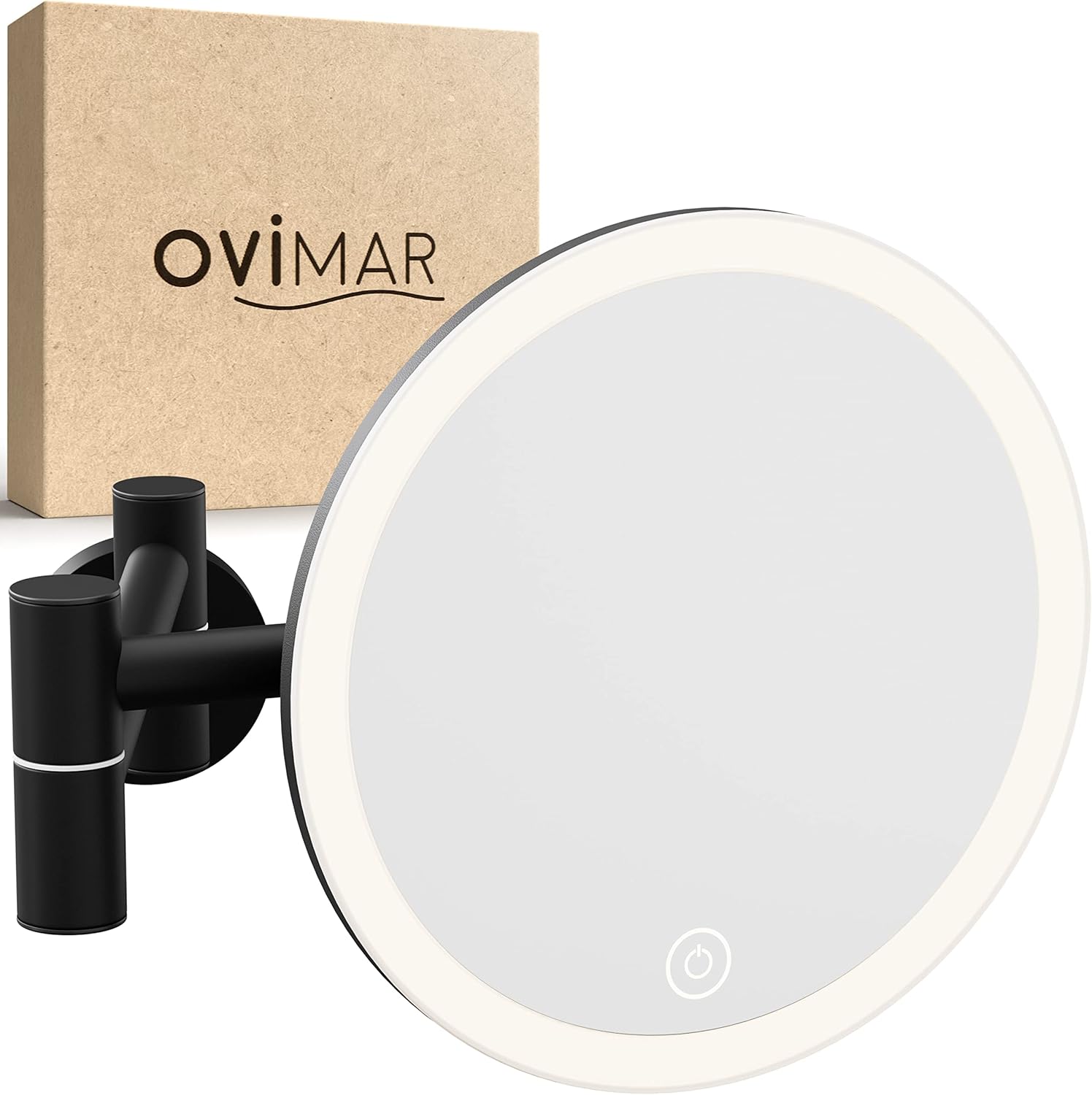 Espejo cosmético ovimar Leinoya | con luz | recargable | para montaje en pared (requiere perforación) | baño | espejo con aumento de 5x | espejo de maquillaje con luz | taladro negro de 360 grados y 5 aumentos