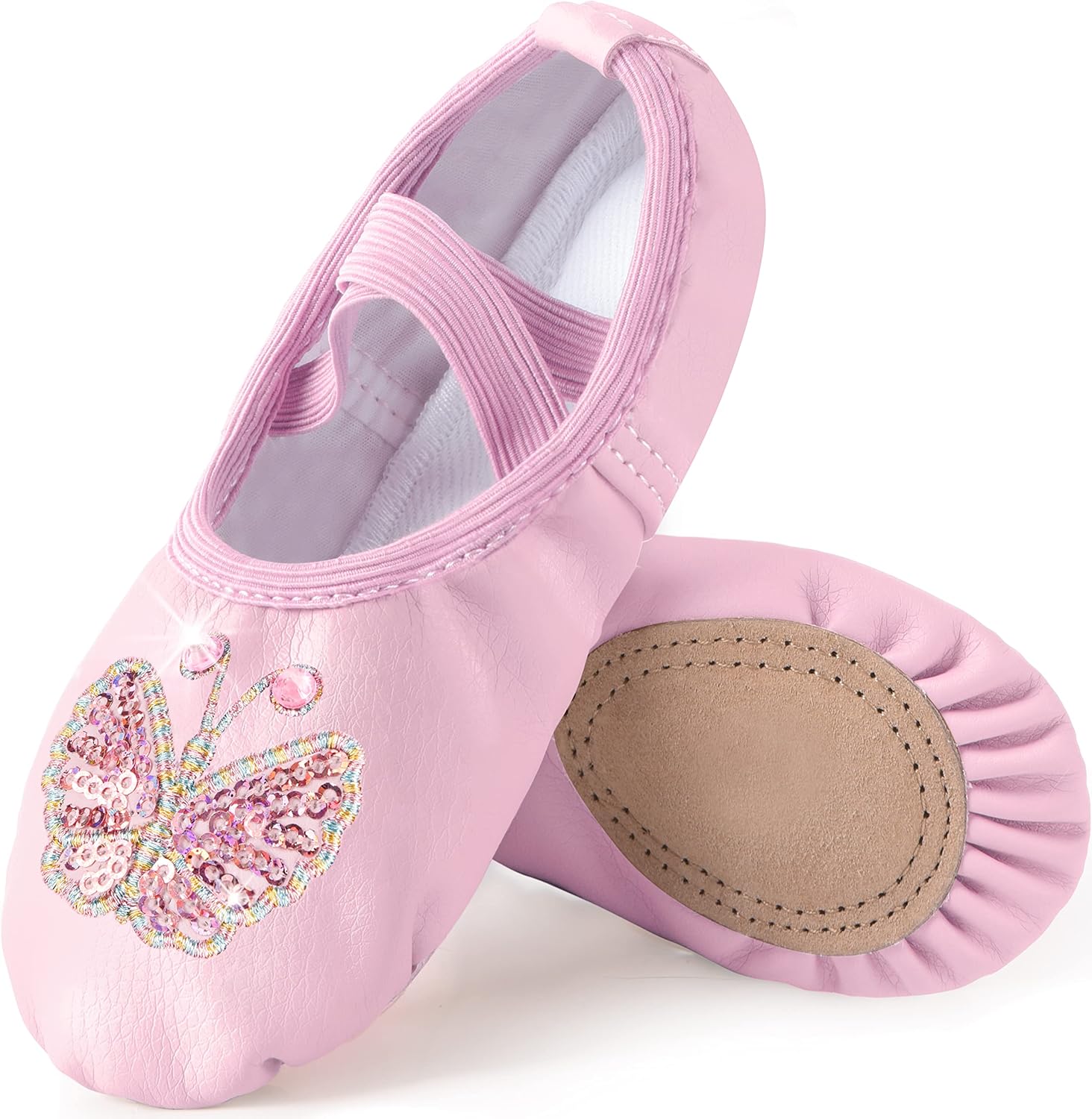 Mulnall Zapatos de ballet de cuero para niñas, zapatillas de yoga para práctica de baile, suela dividida, sin ataduras (bebés/niños/niños), B Pink Butterfly Shiny, 27 EU
