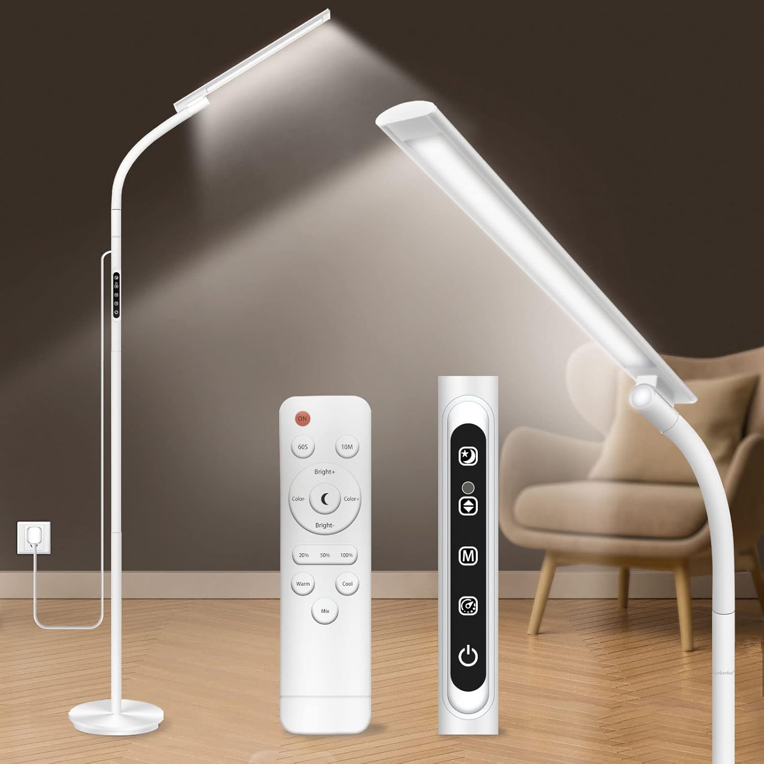 Lámpara de pie Trayvespace de luz diurna, 10000 lux, con control remoto, control táctil y brazo flexible ajustable para lectura, oficina y hogar (blanca).