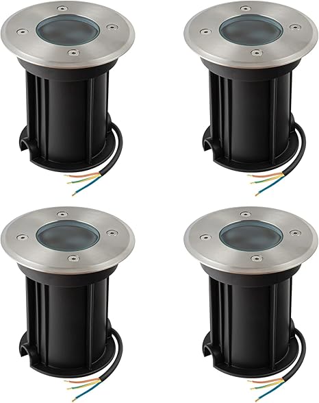 Juego de 4 focos empotrables de suelo para exteriores URing para GU10 - IP67, focos redondos de suelo para exteriores, acabado en acero inoxidable cepillado, 230 V, bombillas no incluidas.
