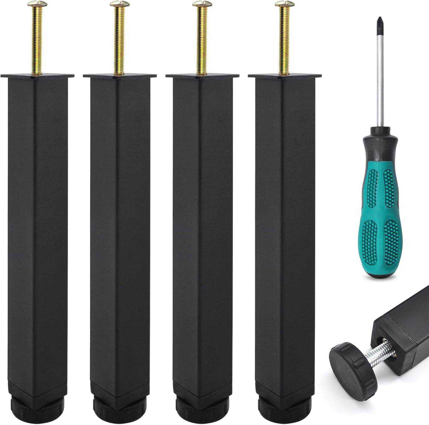 SHEPIN Juego de 4 patas de cama, patas cuadradas para muebles, patas de cama, patas de apoyo para cama, altura 35 cm + 2 cm, patas de mesa universales ajustables, patas de tubo de acero, patas de arma