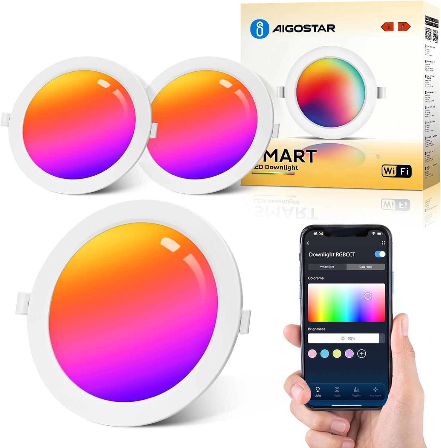 Focos LED empotrables Aigostar de 15 W para paneles de yeso, paquete de 2 focos LED empotrables, luz empotrada, control por aplicación, RGB regulable, blanco cálido 2700-6500 K, compatible con Alexa y Google Home.