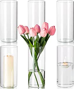 Juego de jarrones cilíndricos de vidrio Hewory: jarrones de vidrio de 19 cm de alto, juego de 6 jarrones de vidrio para decoración de mesas de boda: candelabros, portavelas, juego de jarrones cilíndricos de vidrio, cilindros de vidrio para velas, decoraciones de boda, fiestas, hogar, boda