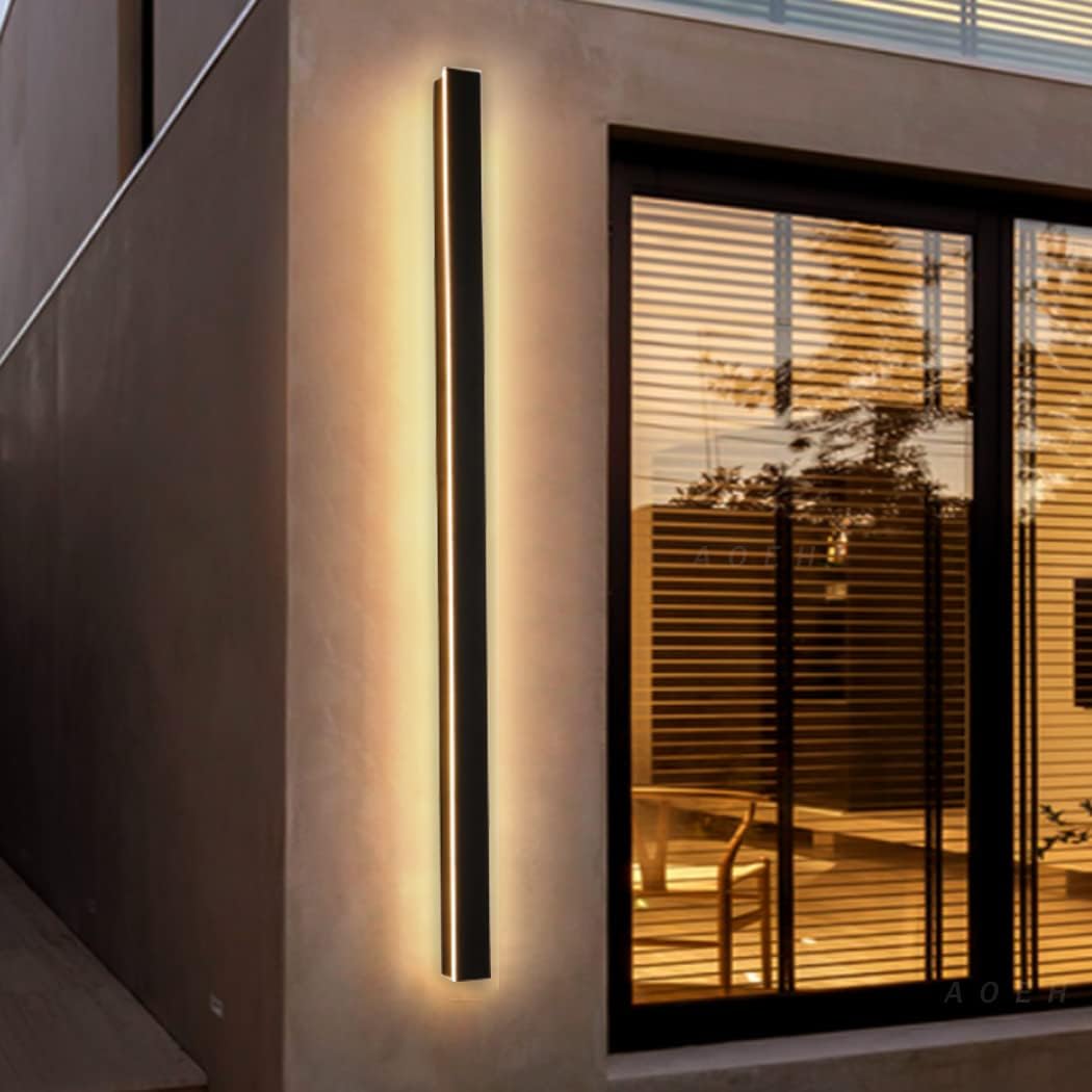 Aplique de pared largo, aplique de pared para villa, aplique de pared negro, resistente al agua IP65, aplique de pared LED exterior de aluminio acrílico para jardines, terrazas, dormitorios, salas de estar, aplique de pared interior, 125 cm*1/45 W, luz cálida