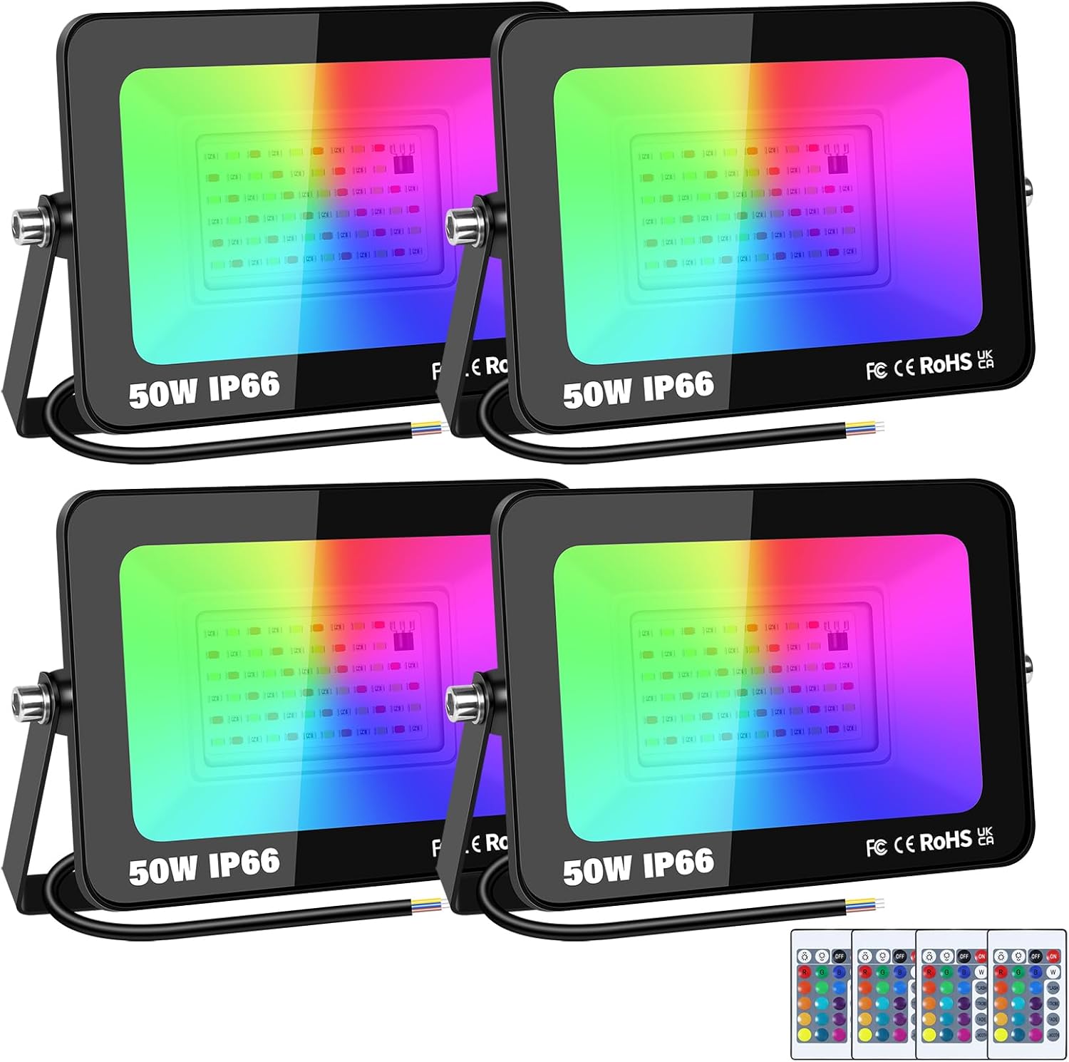 Focos LED RGB RIGIDON de 4 x 50 W con control remoto, foco RGBW de 5000 lúmenes que cambia de color, 16 colores, 4 modos, regulable, ideal para fiestas, jardines, árboles, paisajes, discotecas y celebraciones. Resistente al agua IP66 para exteriores.