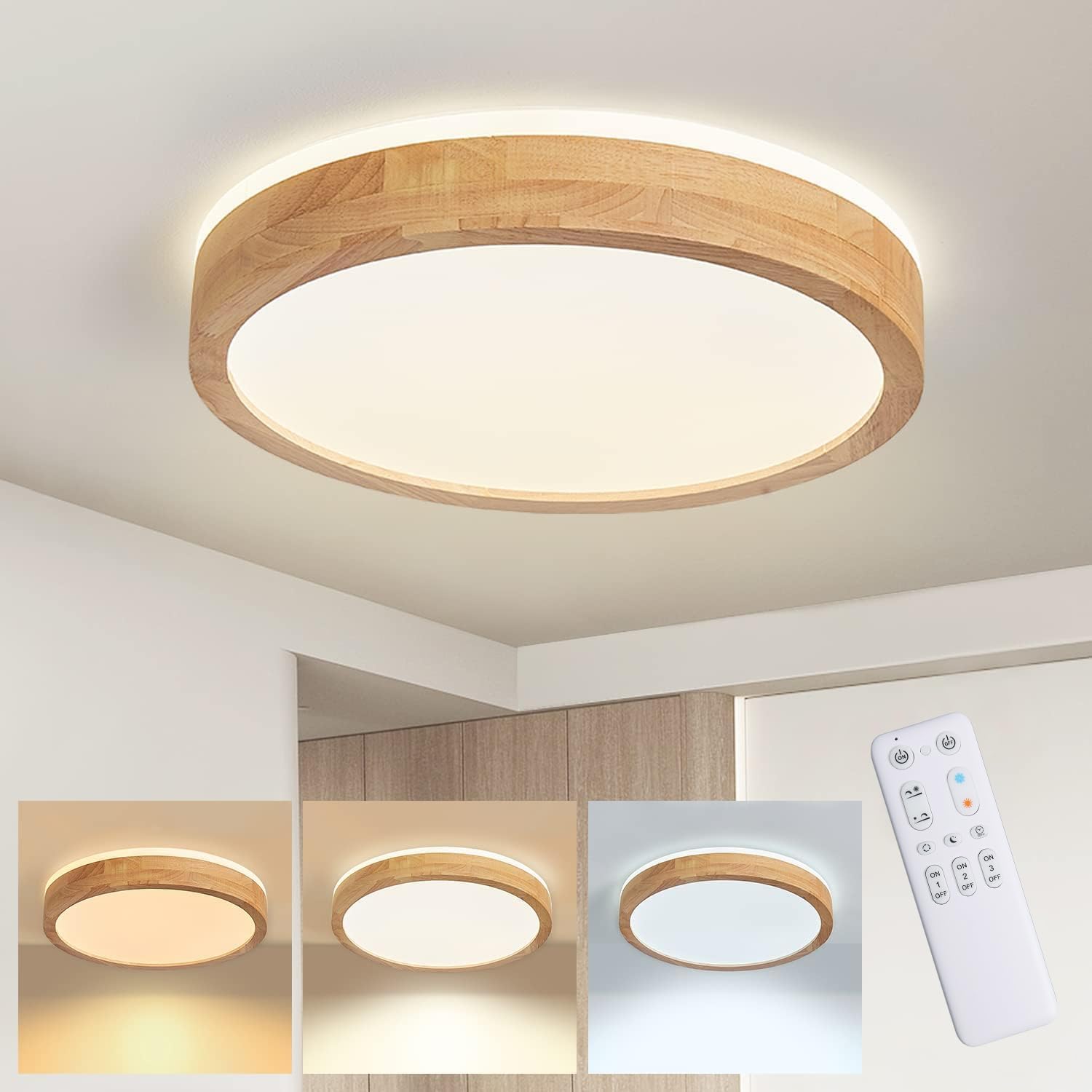 Lámpara de techo LED Baerolc, madera, 40 cm, regulable con mando a distancia, 32 W, 3000 K-6000 K, redonda, ideal para dormitorio, oficina, cocina, habitación infantil, pasillo o balcón.