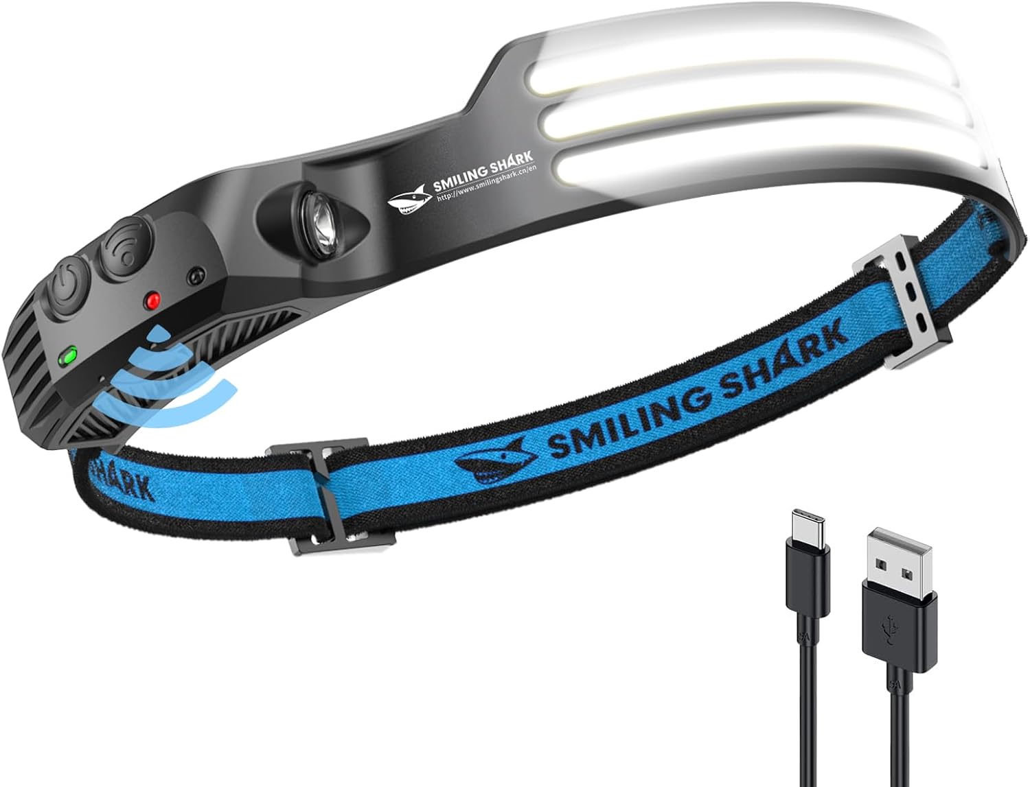 Linterna frontal Smiling Shark, tira de luz blanca de 3 LED con ángulo amplio de 230°, la linterna frontal más brillante, recargable e impermeable para acampar, correr, pescar, linterna frontal LED para acampar.