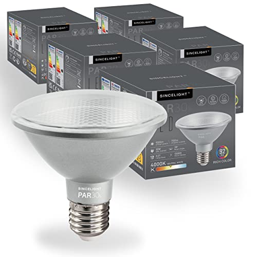 Bombilla LED SINCELIGHT PAR30s con casquillo E27, 10W, 4000K, 900 lúmenes (equivalente a 90W halógeno). Eficiencia energética, bajo consumo, alta durabilidad (15,000 horas), bajo calor emision. Ángulo