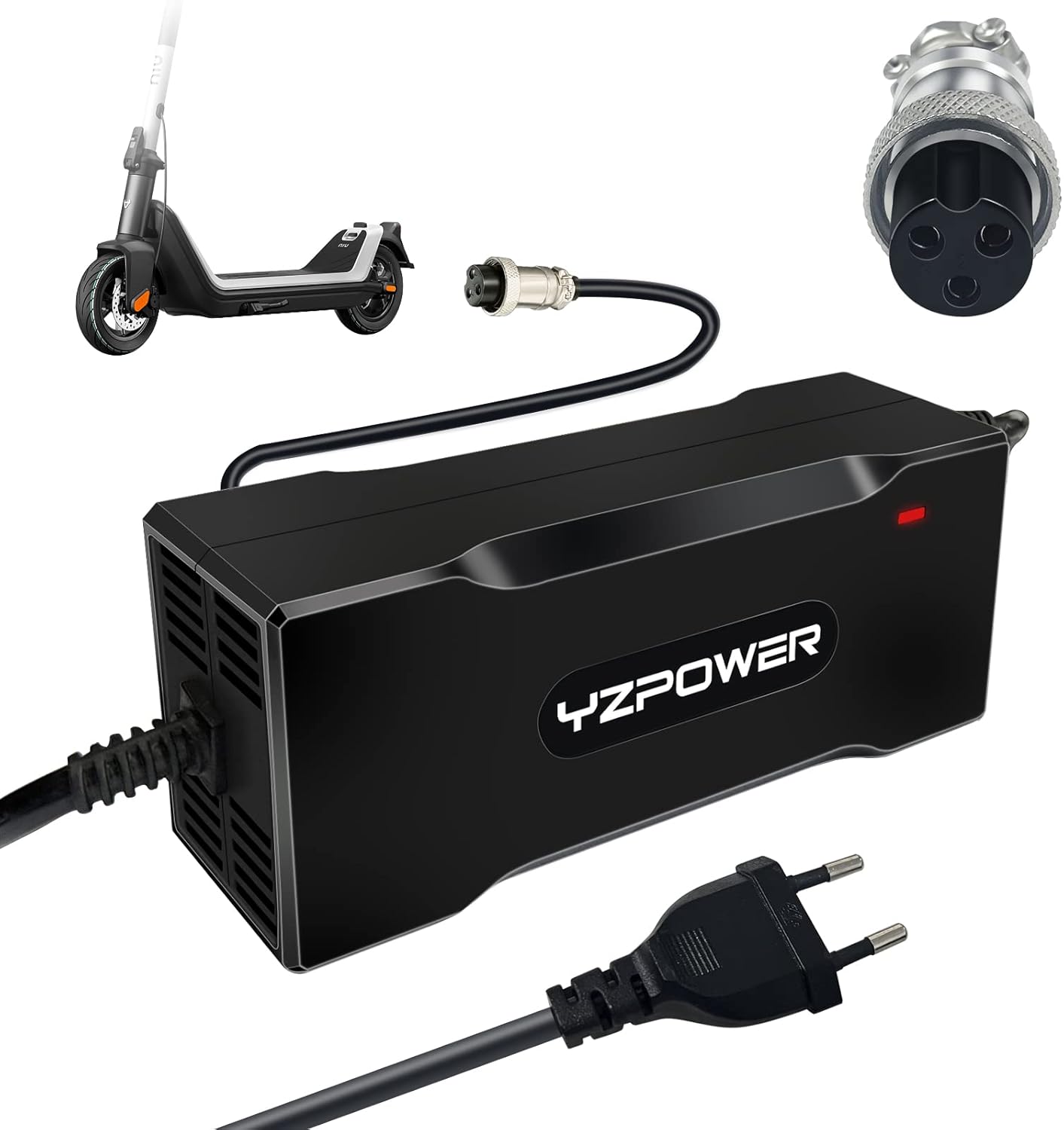 YZPOWER Cargador de batería de YzPower, 42 V, 2 A, scooter eléctrico, cargador, 36 V, Li-ion, Lithium, GX16 (1 + 3-), 3 pines, en línea, 12 mm, conexión, cargador para Hoverboard 36 V