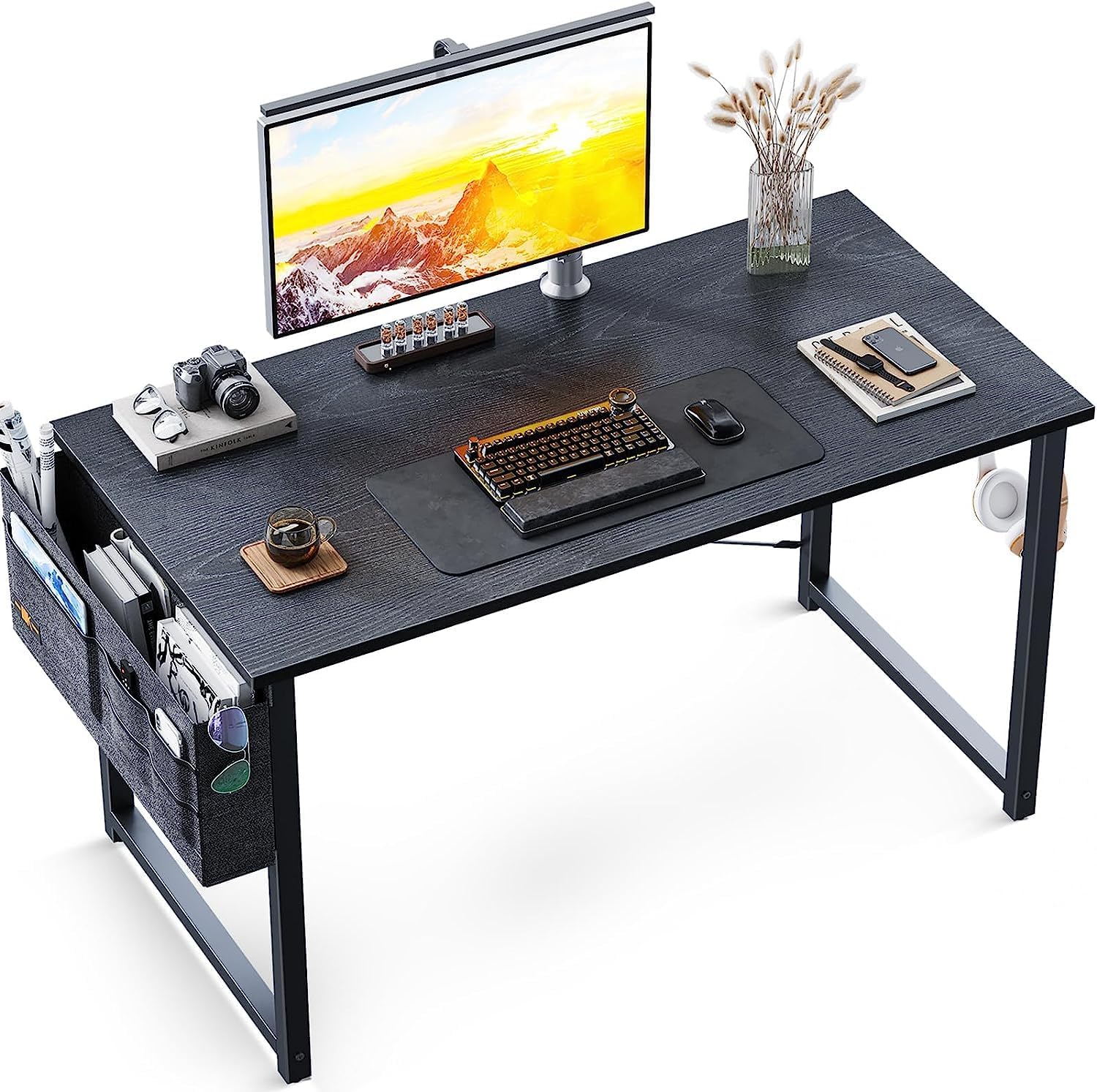 ODK Escritorio de Ordenador, Mesa de Estudio de Ordenador con Bolsa de Almacenaje y Gancho para Auriculares Mesa de Escritura de Ordenador para Oficina, Dormitorio (100x48x74cm, Negro)