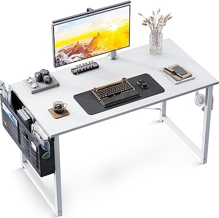ODK Escritorio pequeño blanco 100 x 48 x 74 cm Escritorio para ordenador Mesa de oficina con soporte para auriculares y bolsa de almacenamiento Escritorio pequeño Estudio Mesa de PC de madera Mesa de oficina para el hogar, la oficina