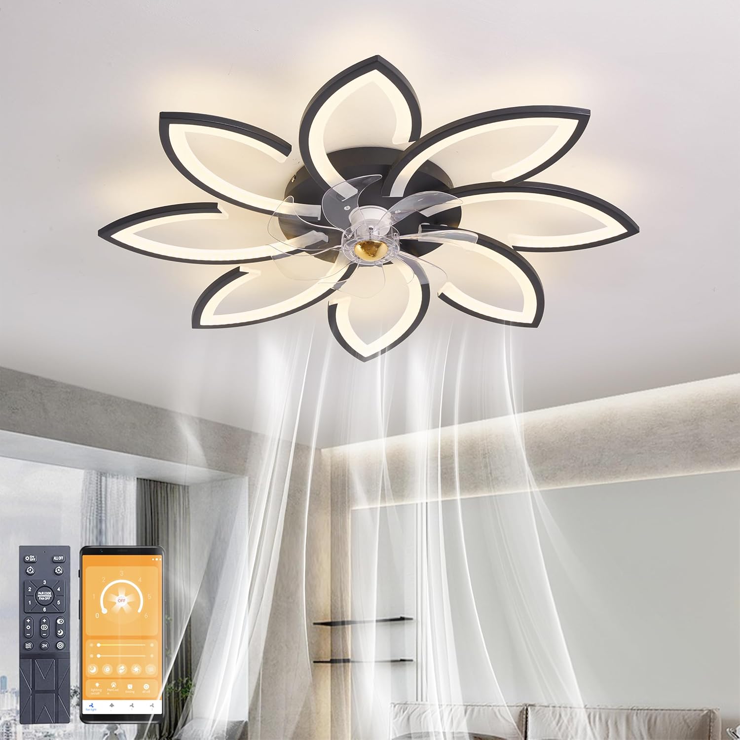 Ventilador de techo Narwhal con luz, lámpara de techo LED regulable moderna con ventilador y control remoto, silencioso, 81 W, 9963 lm, para sala de estar, dormitorio y comedor, 6 velocidades, temporizador, negro.