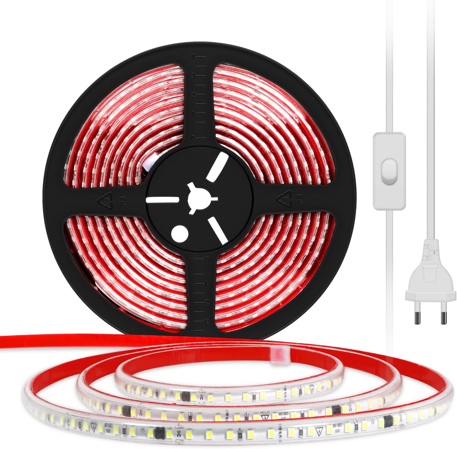 Tira de LED pcning SMD2835 220V 230V Conexión directa 10M Blanco frío, Tira de LED muy brillante Autoadhesiva con interruptor 10 metros IP67 Resistente al agua (Blanco frío, 10M)