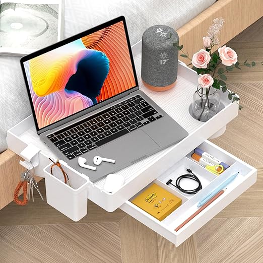 Ronlap Mesita de Noche Plegable, Estante para Litera para Dormitorio, Bandeja para Niños, con Cajón y Taza Colgante, 28,5 x 42 cm, Bianco