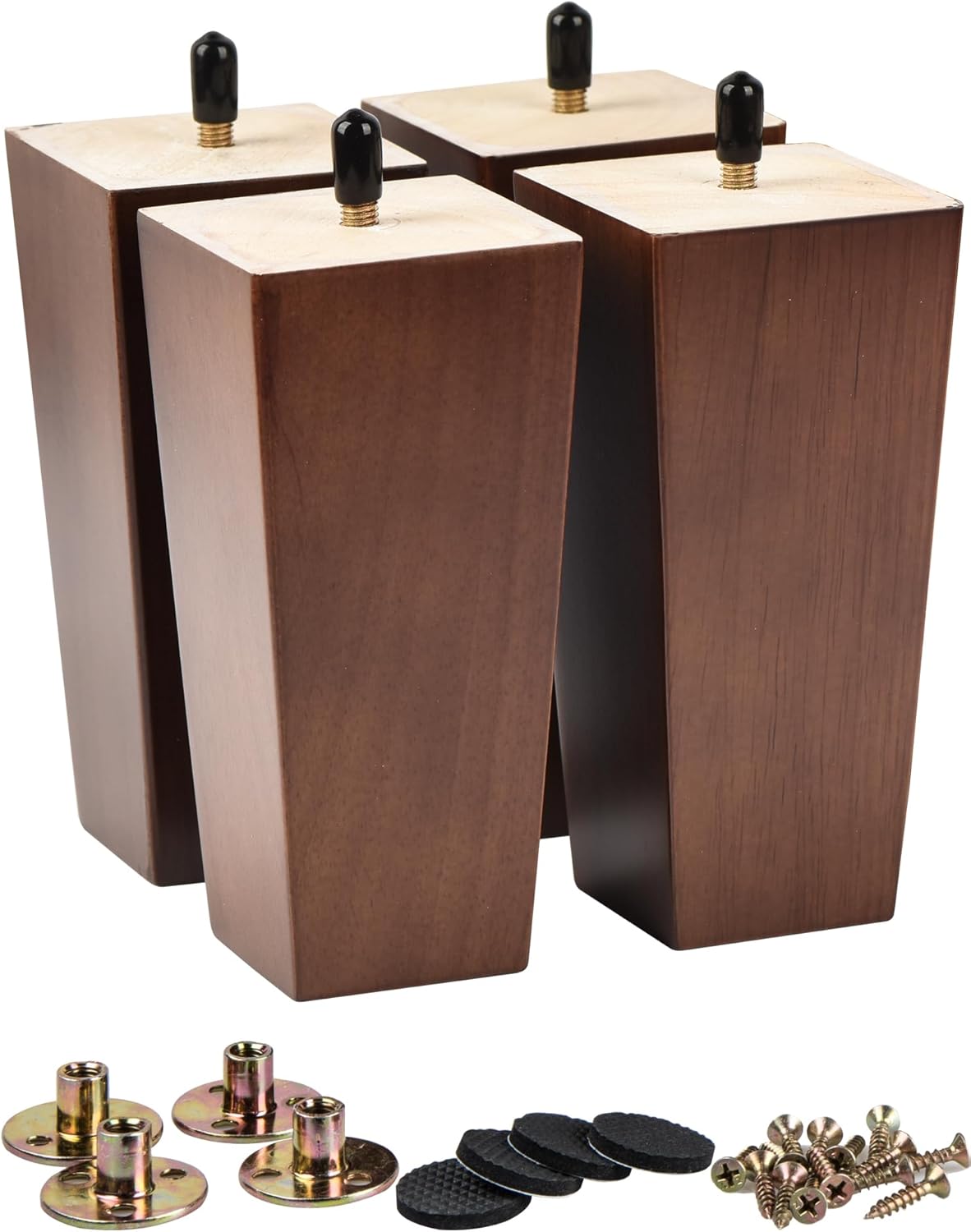 Juego de 4 patas de madera maciza para muebles La Vane - 25 cm de alto, nogal, forma piramidal con tornillos roscados M8 y placas de montaje - patas de repuesto para sofá, cama, armario, sillón (patas de madera, fácil instalación)