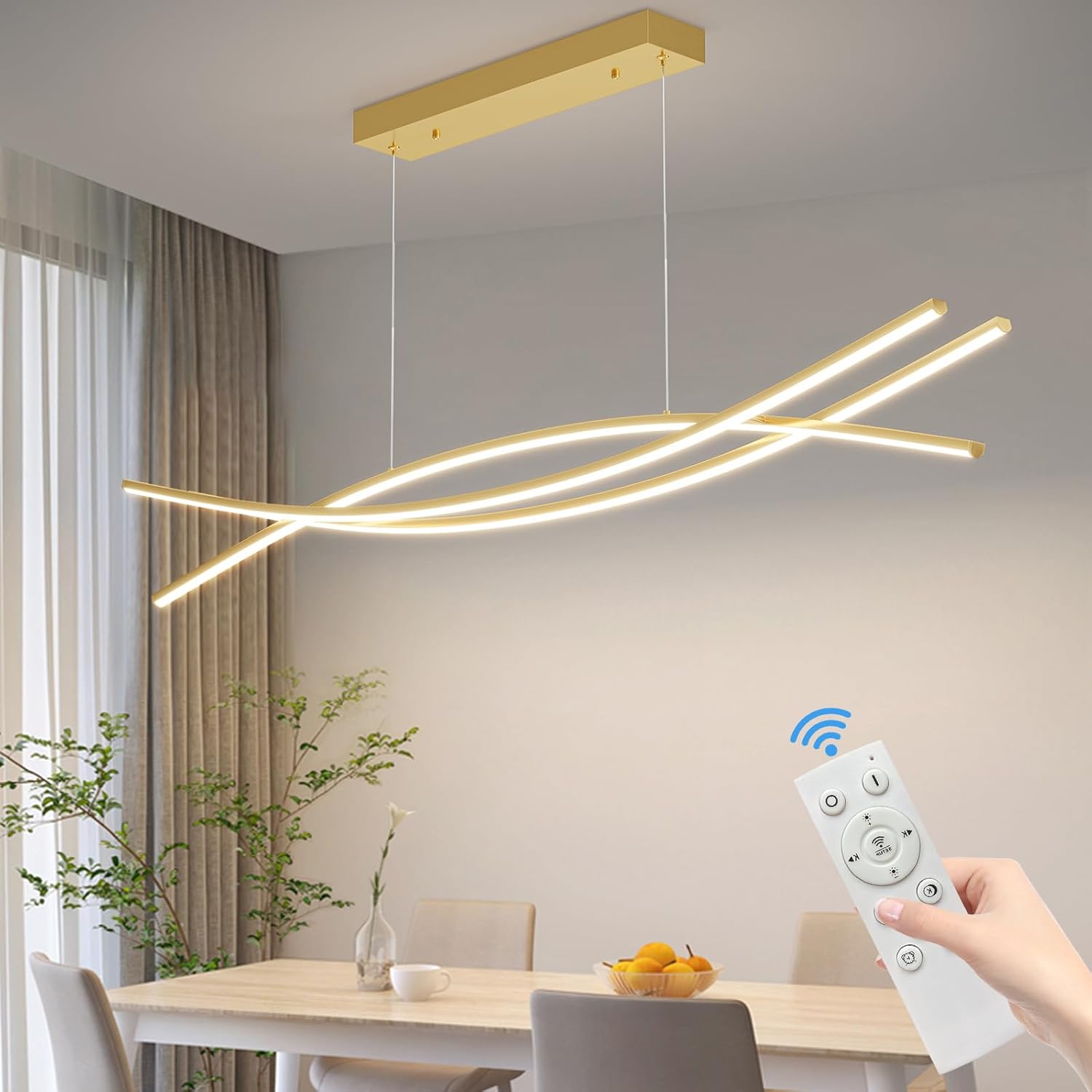 Lámpara colgante LED Mikeru para comedor, 36W, 100cm, moderna, para isla de cocina, color dorado, lámpara lineal, regulable con mando a distancia, altura ajustable de 150cm (10%-100%), ajuste de temperatura de color.B0CB84PX1Z