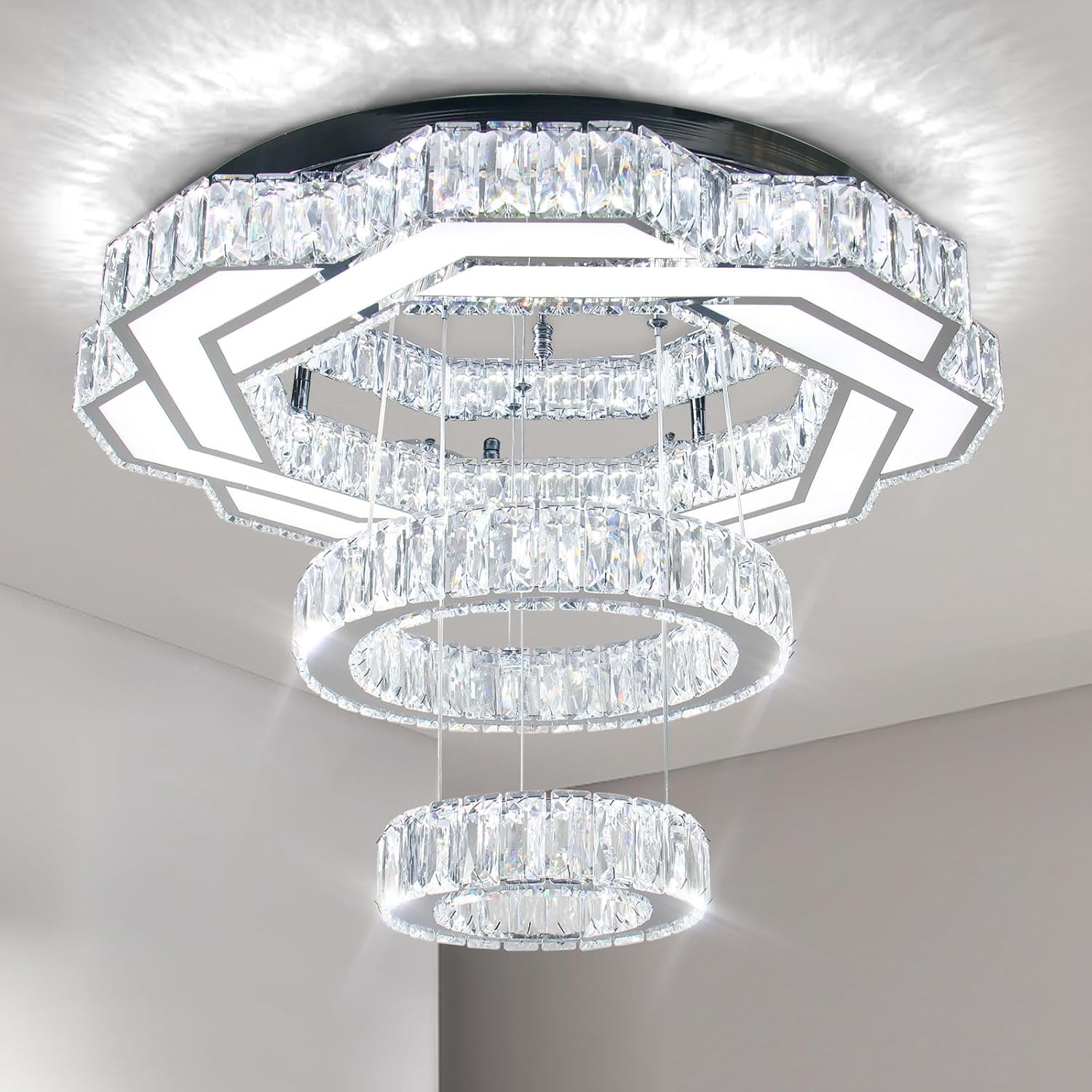 Lámpara de araña moderna de cristal FRIXCHUR de 22,4", lámpara de araña LED, anillo redondo, luz de techo empotrada para sala de estar, dormitorio y comedor (blanco frío).