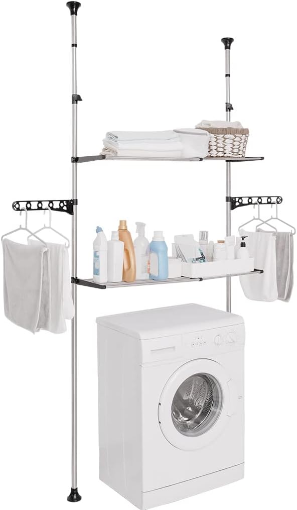 Estante telescópico de baño ARIIKON, de metal, ajustable, para lavadora e inodoro, con 2 estantes y 2 ganchos para baño, lavadero y dormitorio, color negro.