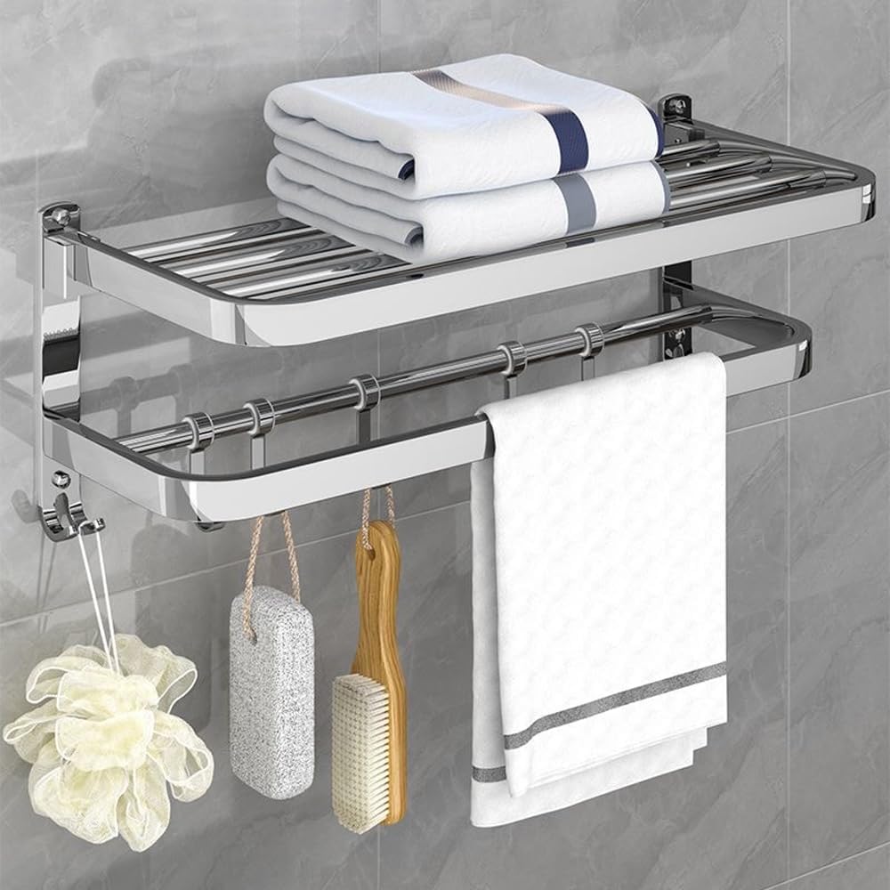 Toallero de baño HONPHIER Toallero montado en la pared Toallero plegable de acero inoxidable Toallero de baño con ganchos Toallero multifuncional para baño, cocina, baño, inodoro (plateado, 19 pulgada
