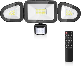 Foco LED MEIKEE 42W con detector de movimiento control remoto 400-3600LM 6500K 3 modos de brillo ajustable IP66 impermeable LED reflector de tres cabezas 180° foco ajustable para garaje jardín patio