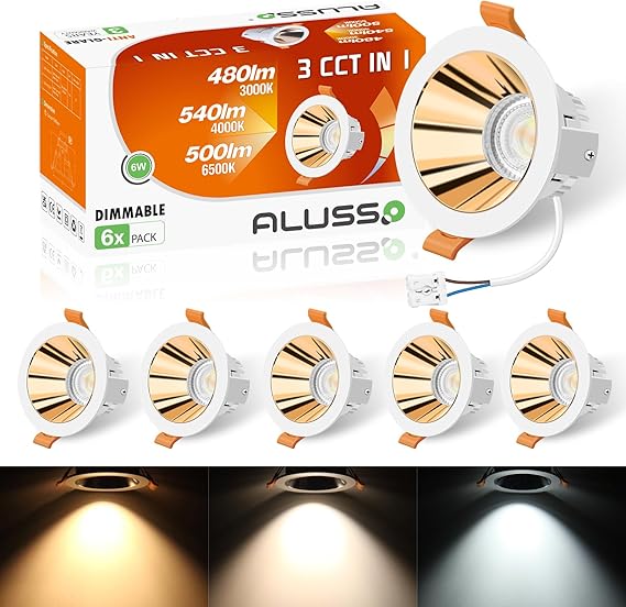 ALUSSO Foco LED regulable de 6 W, 540 lm, sin deslumbramiento, 3000 K, blanco cálido, 4000 K, blanco neutro, 6500 K, blanco frío, blanco y dorado, 230 V, para cocina, salón, juego de 6 unidades [Clase de eficiencia energética E]