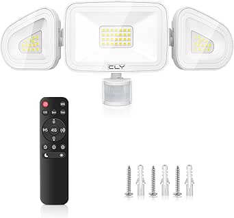 Foco LED CLY de 42 W con sensor de movimiento y control remoto, 3600 lm, 6500 K, blanco frío, para exteriores, con 3 focos ajustables, resistente al agua IP66, para garaje y patio.