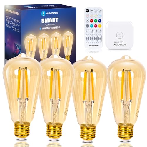 Bombilla LED inteligente E27 Aigostar de 6W y 806 lúmenes, soporta control por voz a través de Alexa y conexión vía aplicación AigoSmart. Incluye control remoto. Equipado con Bluetooth Mesh 5.0, permi