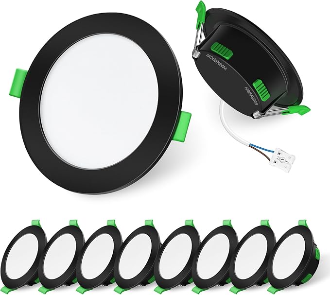 ALUSSO LIGHTING Foco empotrable LED negro 230 V Focos LED regulables planos 7 W Focos de techo IP44 Luces empotrables 68 mm Blanco cálido Blanco neutro Blanco frío Foco de techo para baño Sala de estar Juego de 6 [Clase de eficiencia energética D]