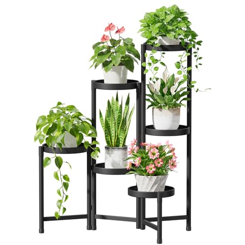 Material: Metal, Hierro. Color: Negro. Niveles: 6. Altura: 30.5 pulgadas. Capacidad de carga total: 155 libras. Diseño escalonado para hasta 6 macetas. Plegable y fácil de montar. Adecuado tanto para interiores como para exteriores. Ideal para pequeñas suculentas, hierbas y plantas más grandes. Disponibles en estilo sólido y tallado.