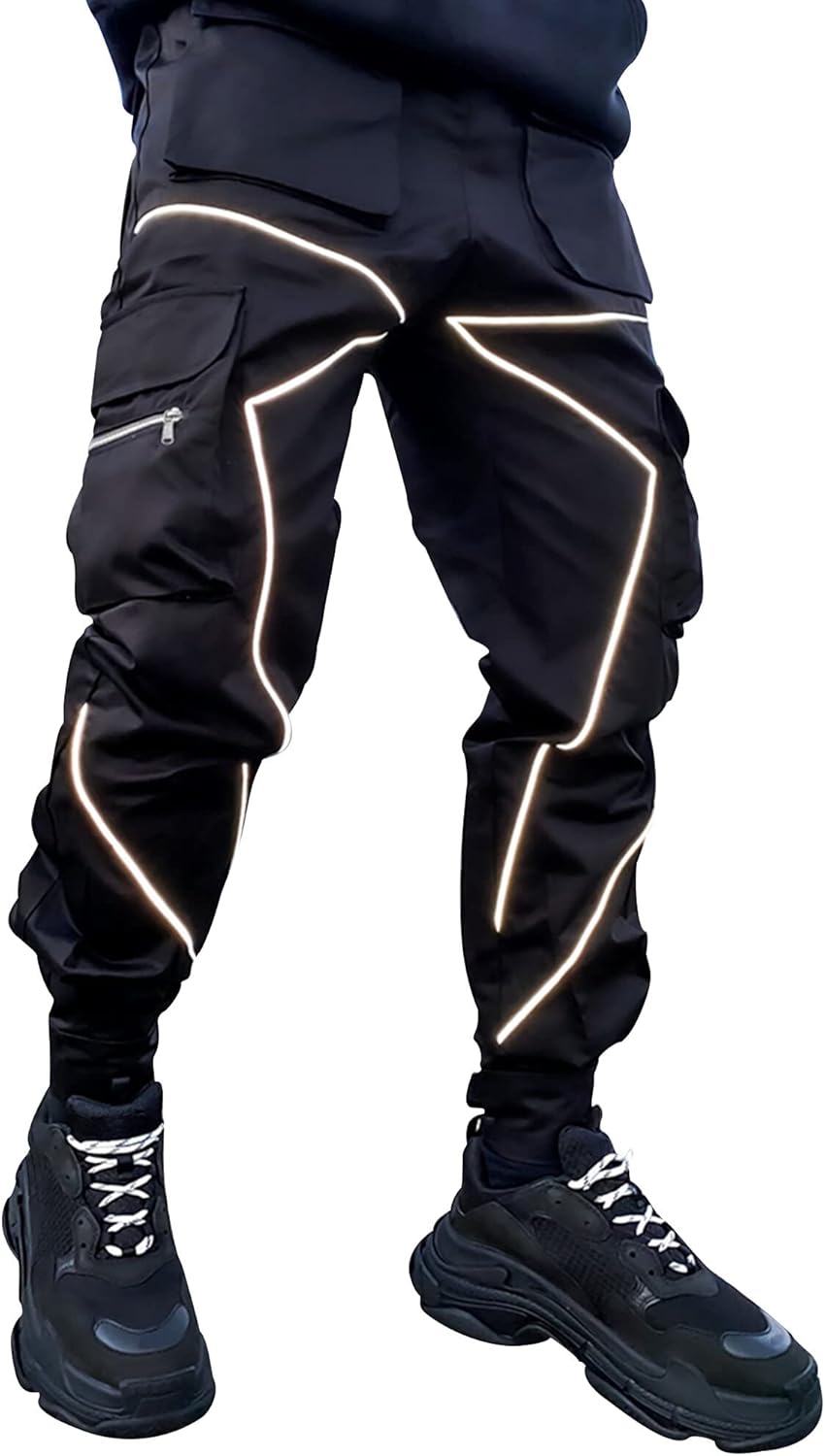 AIEOE Pantalones cargo para hombre Hip Hop Techwear Cargo Pantalones con rayas reflectantes Ropa de calle Punk Pantalones Joggger Joggger con bolsillos Cintura elástica