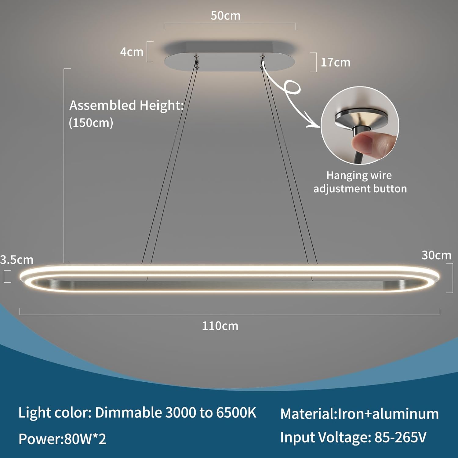 Lámpara colgante ovalada moderna Mikeru para mesa de comedor, 110 cm, circular, regulable, con mando a distancia, brillo ajustable del 10 % al 100 %, sin deslumbramiento, con función de memoria y altura ajustable.