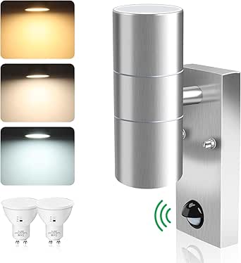 ALUSSO LIGHTING Aplique LED de exterior de acero inoxidable con sensor de movimiento PIR, iluminación ascendente/descendente, incluye 2 bombillas GU10 de 8 W, 750 lm, 3000 K/4000 K/6000 K, IP65, resistente al agua, para jardín, color plateado.