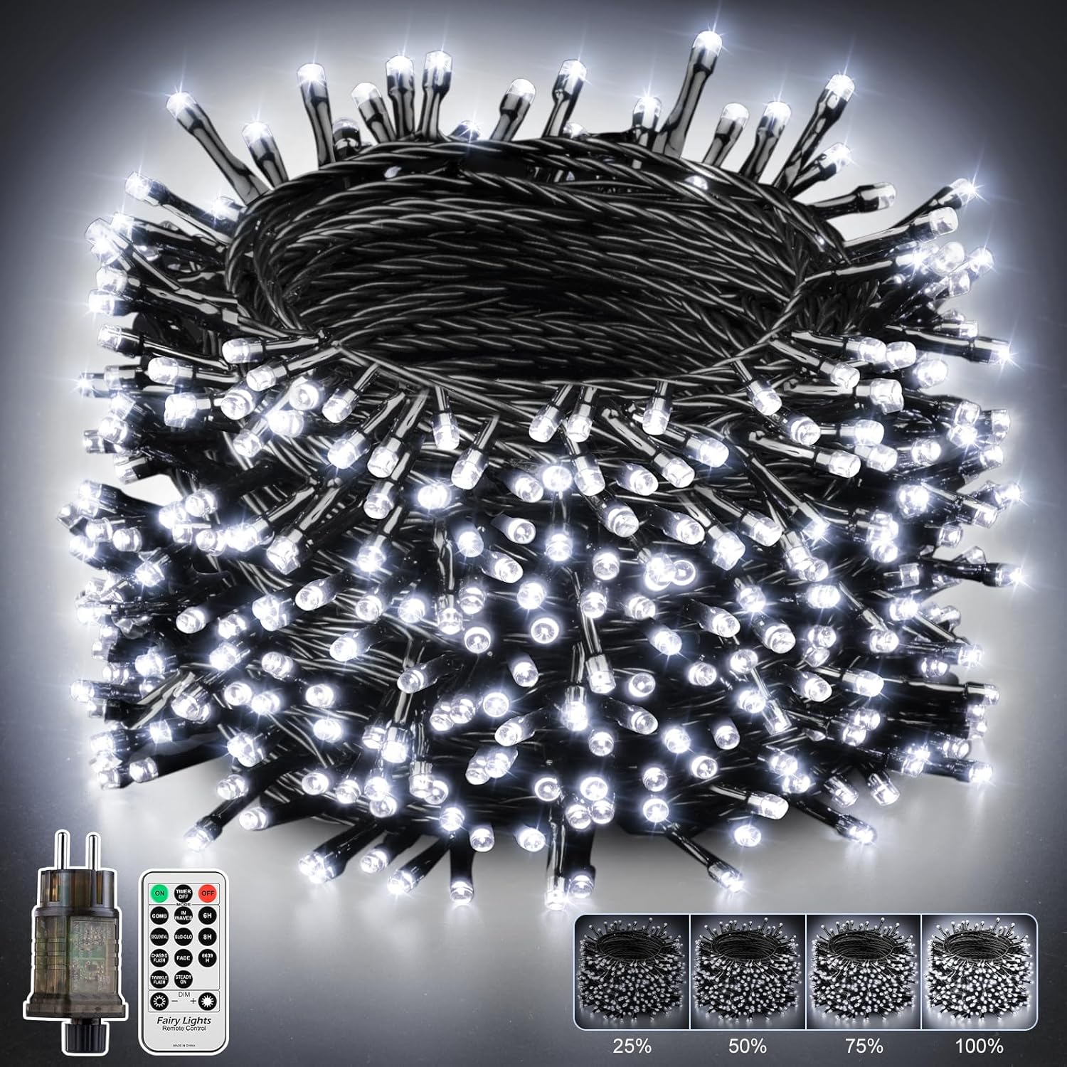 Guirnalda de luces navideñas LaiTeny para árbol de Navidad, para interior/exterior, alimentada por la red eléctrica - 50 m, 500 LED, 8 modos, regulable, resistente al agua, decoración navideña para exteriores con control remoto y temporizador para balcón, jardín, boda, fiesta.