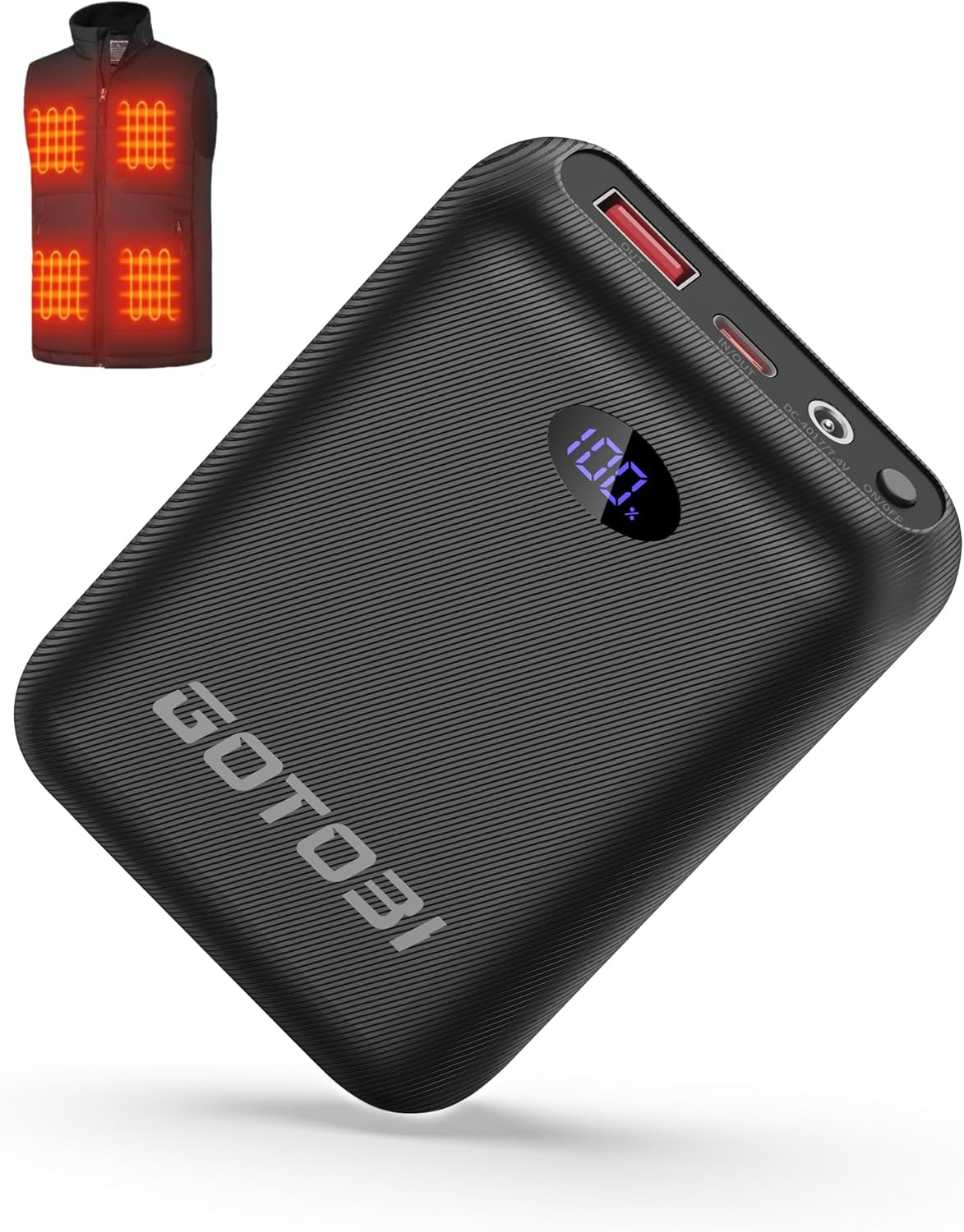 Batería para Chaleco Calefactable- Banco de Energía Recargable de 7,4V/5V y 16000mAh con Pantalla LED y Salidas DC/USB/Type-C para Chalecos Chaquetas y Sudaderas Calefactable