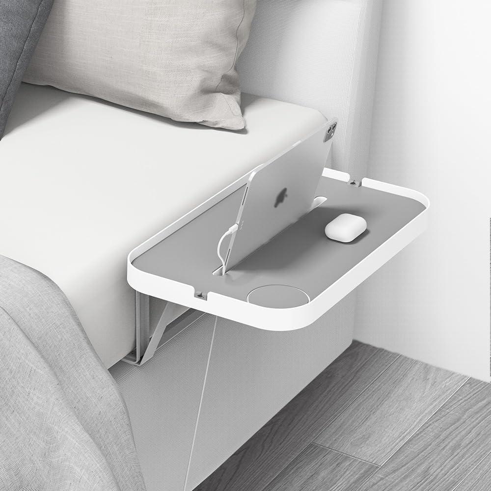 Mesa de noche de Kiwifotos para cama de plataforma, insertar estante de metal de noche del colchón con portavasos, organización de cable, diseño silencioso blanco (Model-L)