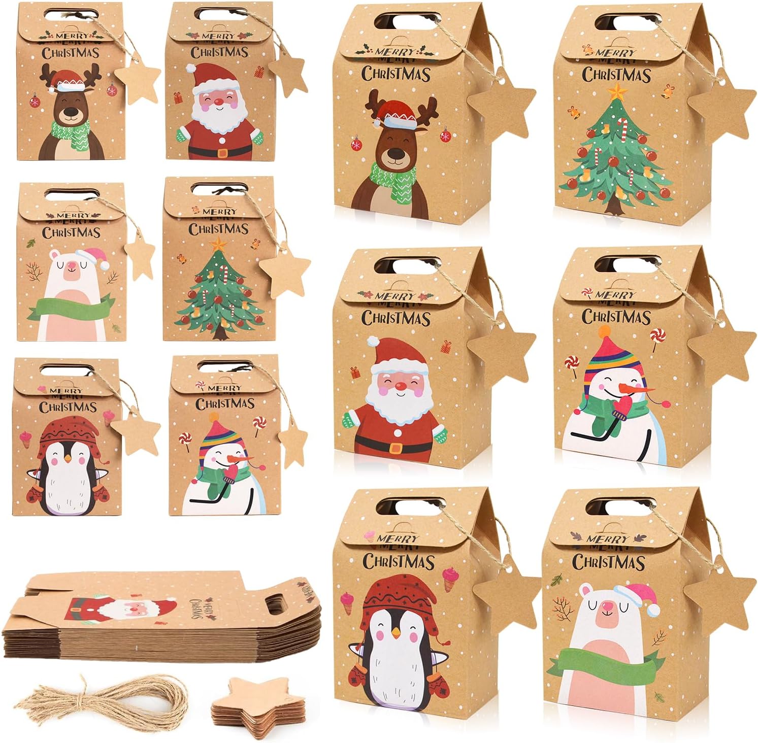 24 Piezas Bolsas de Regalo Navidad,Bolsas Navidad de Kraft Reutilizables,Bolsa de Papel de Regalo de Fiesta,Bolsa de Papel Navideña,Bolsa Navidad,Bolsas para Regalos con Tema de Navidad
