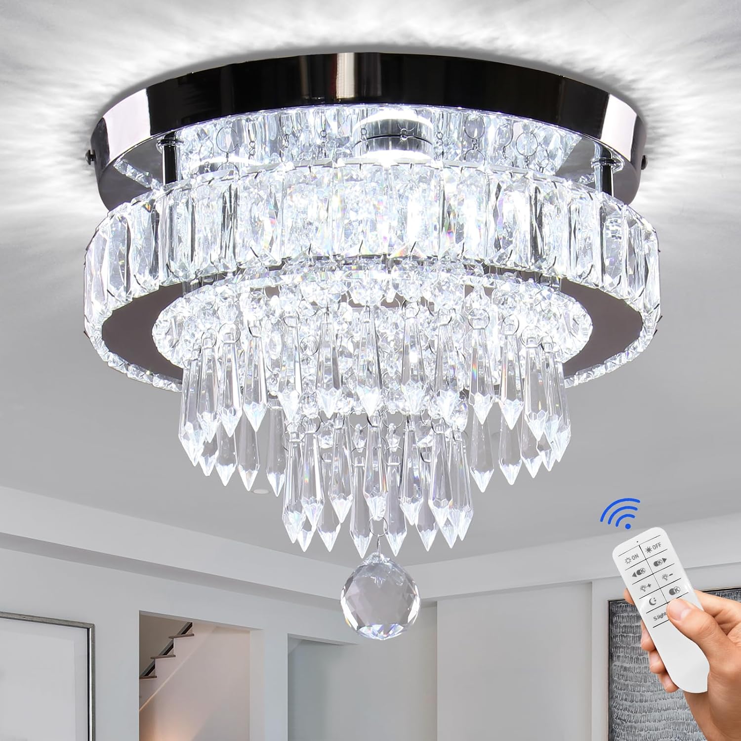 LFinktonglan Lámpara de araña LED, regulable, 30 cm, moderna lámpara de cristal LED con mando a distancia, 3 colores de luz, lámpara de techo de cristal intercambiable para dormitorio, salón, pasillo | LED integrado de 55 W, atenuación del 5% al 100% y mando a distancia para salón, dormitorio, pasillo y comedor [Clase de eficiencia energética E]