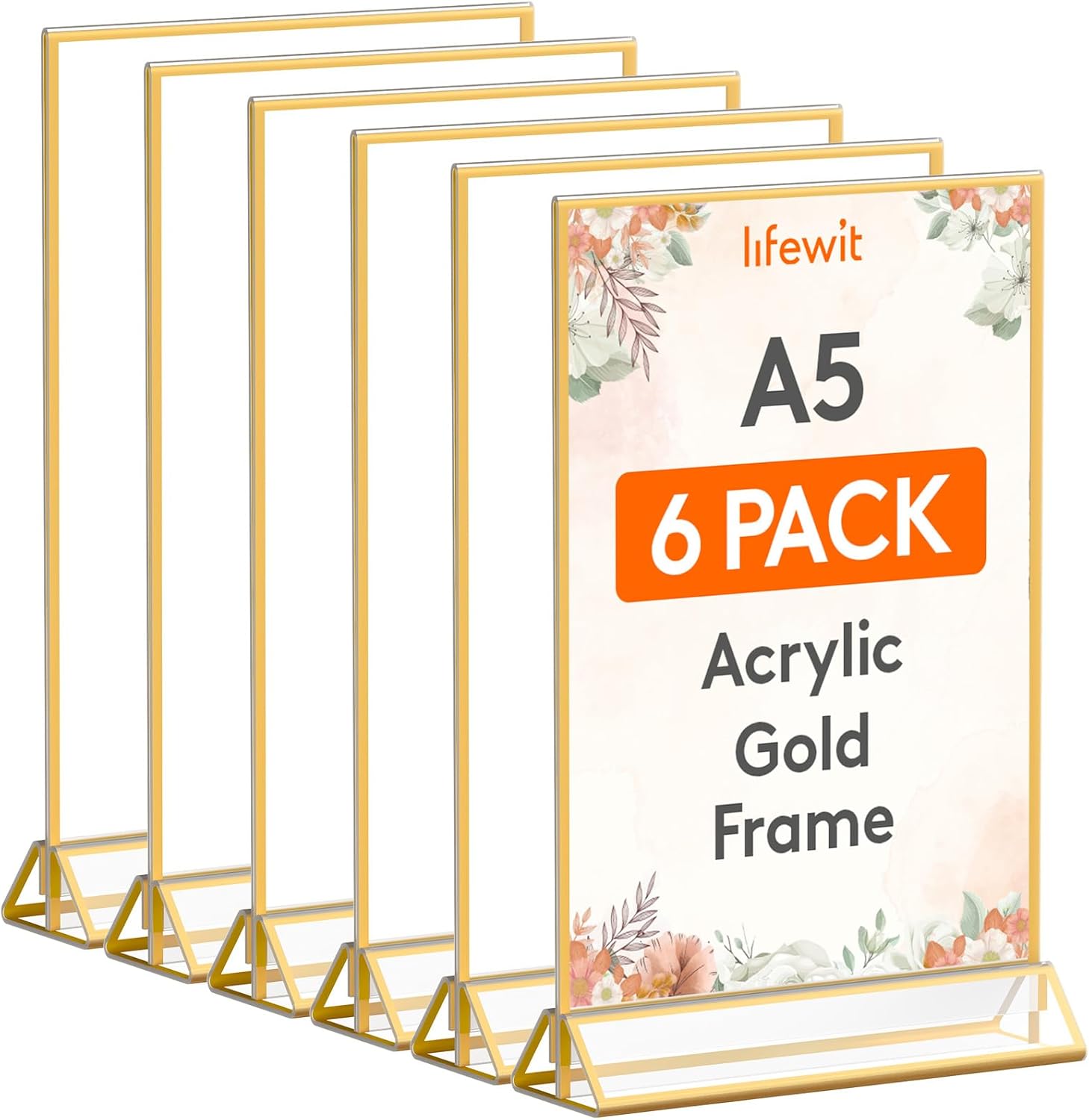 Lifewit - Paquete de 6 portacarteles acrílicos A5 con bordes dorados, soporte vertical transparente de doble cara, portamenús de plástico, portanúmeros de mesa para bodas, fiestas y decoración de restaurantes