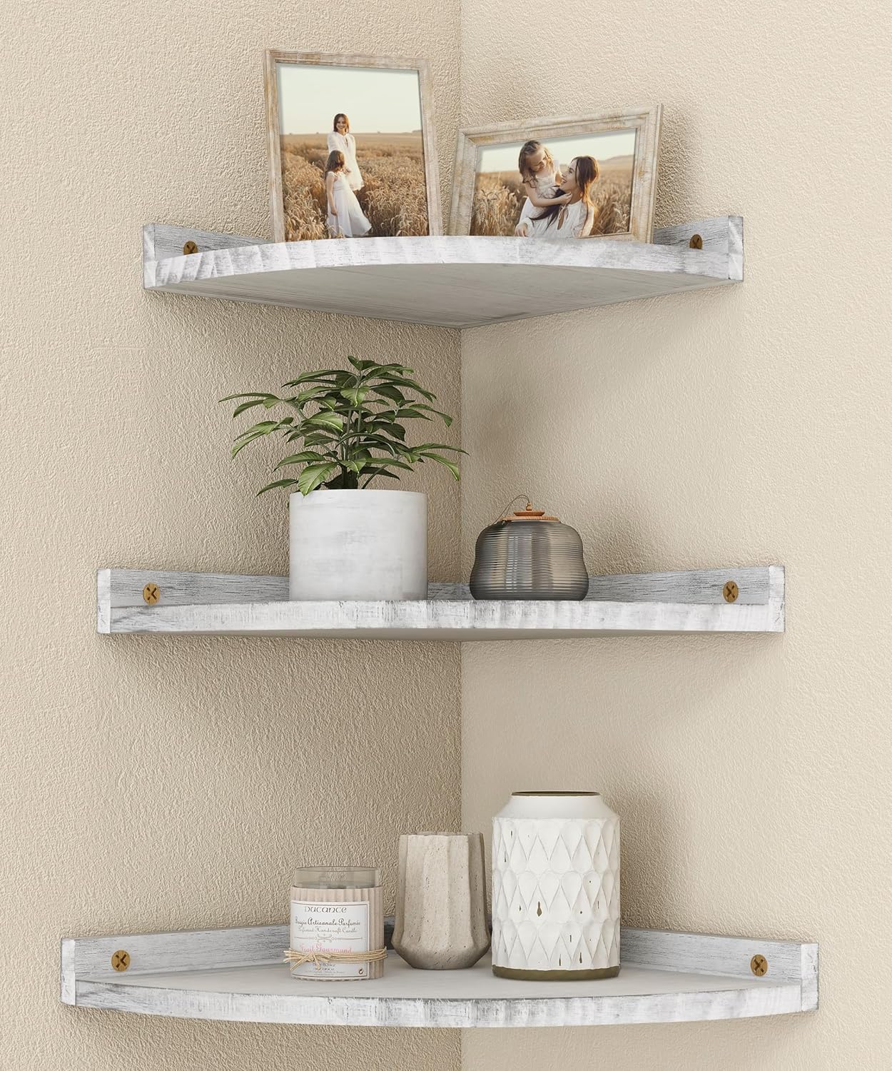 Petrala Estante esquinero de madera para colgar en la pared, estantería esquinera rústica, estantes de pared con estante flotante redondo para baño, cocina, dormitorio, sala de estar, color blanco