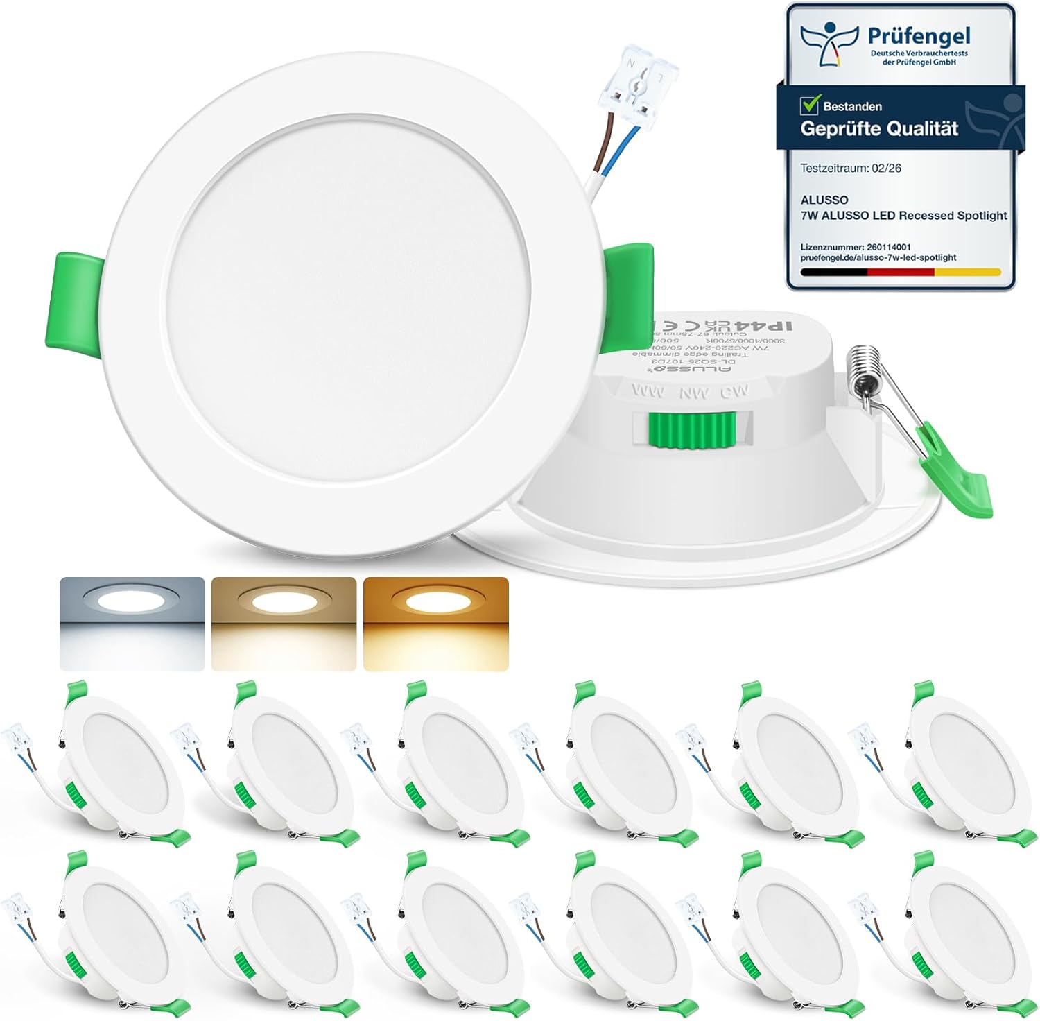 Focos LED empotrables ALUSSO LIGHTING 230V 7W para techo, 3000K/4000K/6500K, planos, regulables, ultrafinos, IP44, para baño y cocina, redondos, blancos, juego de 12 piezas.