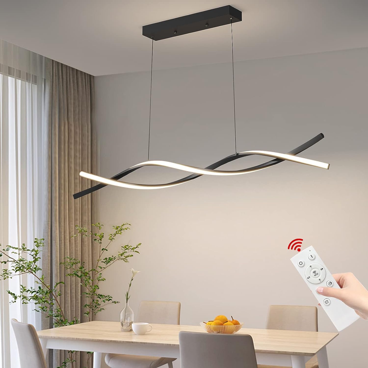 Lámpara colgante LED Mikeru para comedor, 120 cm, color negro. Lámpara colgante moderna para mesa de comedor, lámpara lineal para cocina, regulable con mando a distancia, ajuste de temperatura de color del 10 % al 100 %, lámpara de comedor.